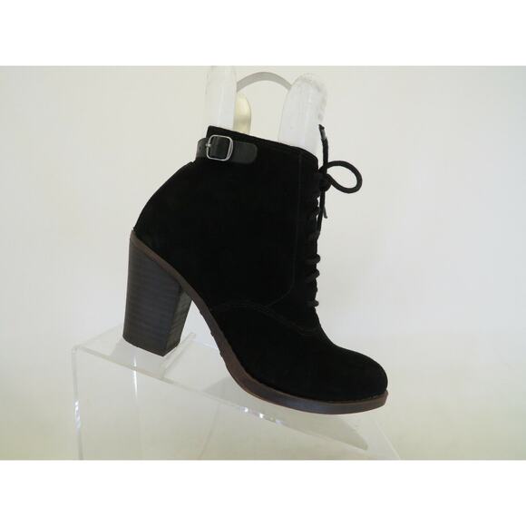 Lucky Brand Womens Black Suede Zip Laces Buckle Ankle Boots Booties Size 6 M - Picture 1 of 11
